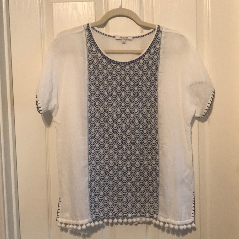 Madewell white and blue embroidered top